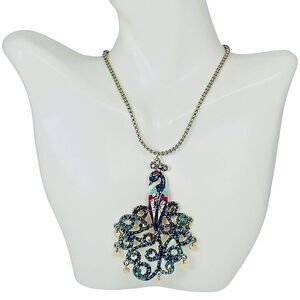Betsey Johnson Crystal Peacock Bird Pendant Necklace 16"